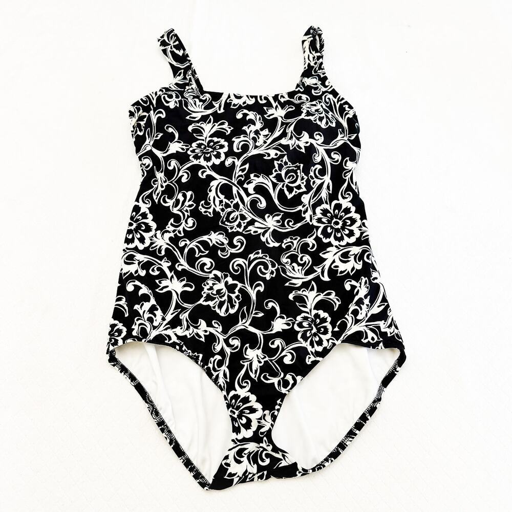 Lands End Turquoise Black/White Scooped Back Swimwear Swimsuit Size 12